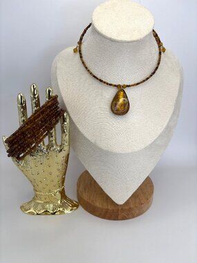 Vintage Beaded Memory Wire Wrap Choker Necklace Bracelet  Amber Glass Y2K Boho